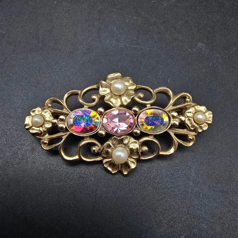 1928 Brand Brooch Gold Tone Filigree Rhinestone Faux Pearl